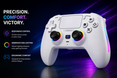 A white wireless gaming controller with RGB rainbow lighting accents, shown on a dark blue and purple background with promotional text on the left.