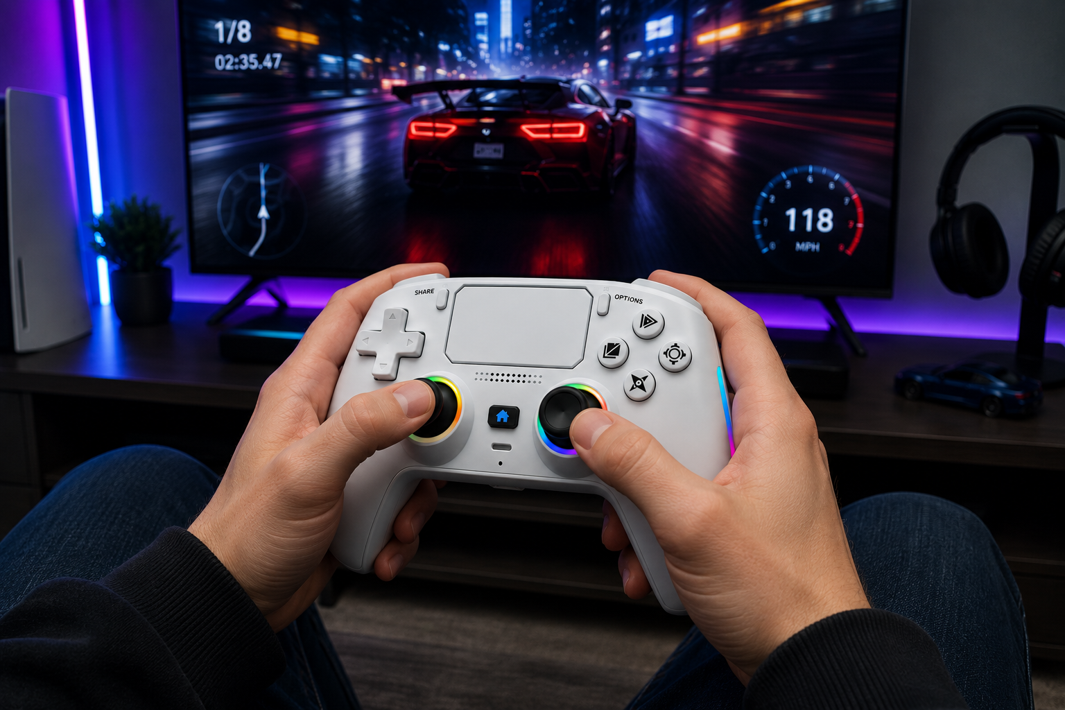 A person holding a white wireless gaming controller in front of a glowing monitor showing a racing game, with headphones on a stand and ambient purple lighting in the room.