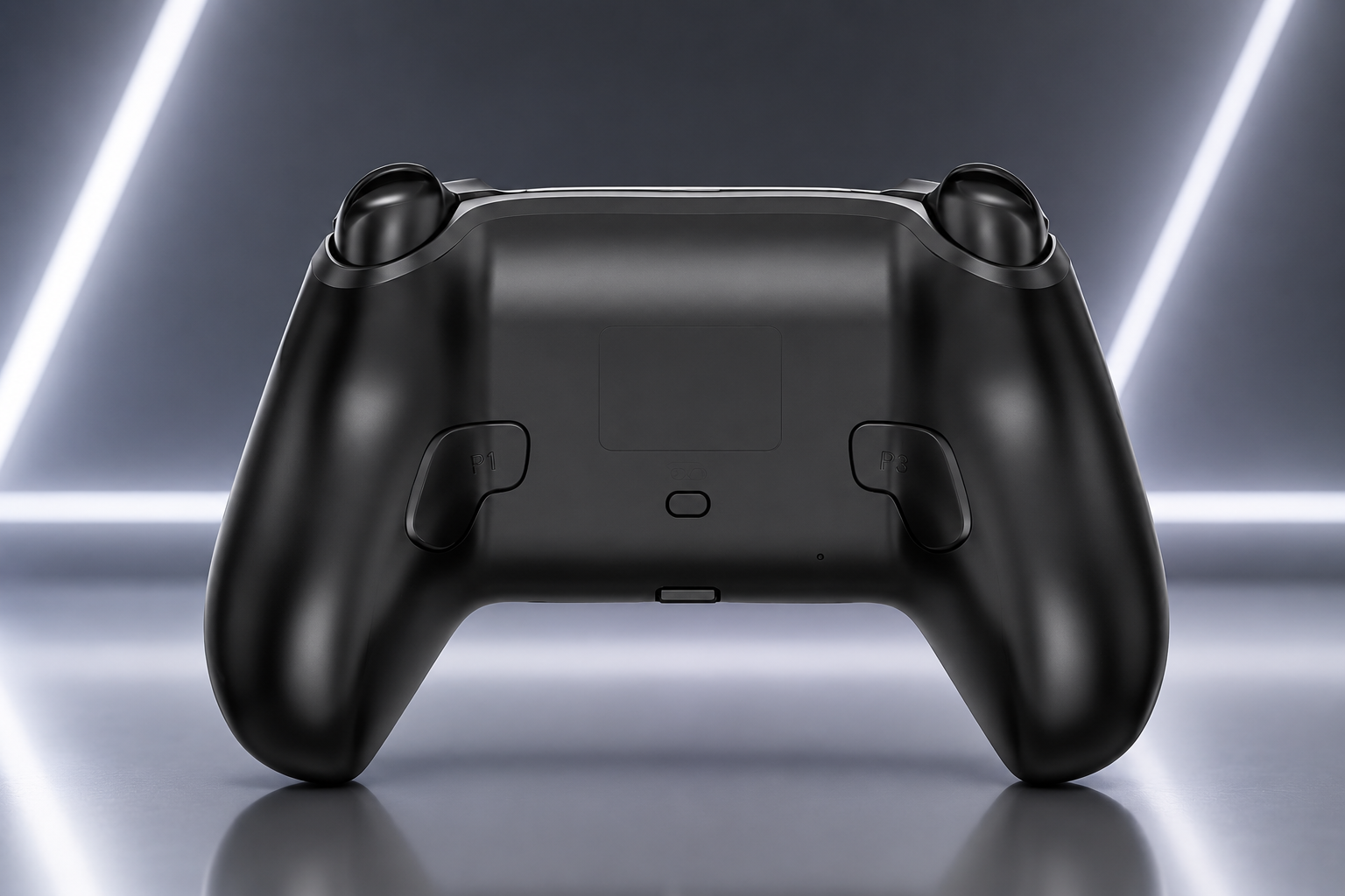 A matte black wireless gaming controller shown from the back, centered against a dark gray background with glowing white diagonal light streaks.