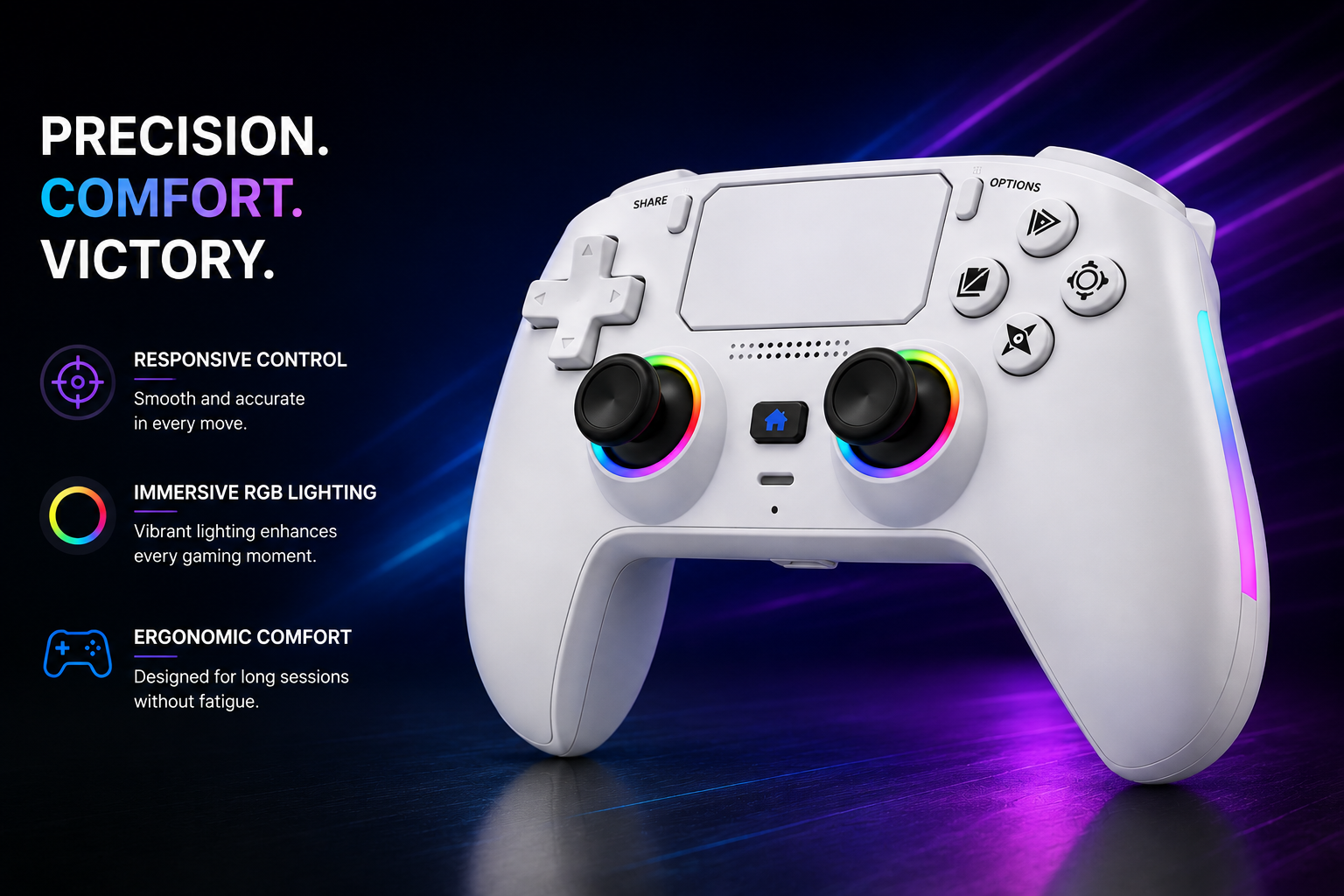 A white wireless gaming controller with RGB rainbow lighting accents, shown on a dark blue and purple background with promotional text on the left.